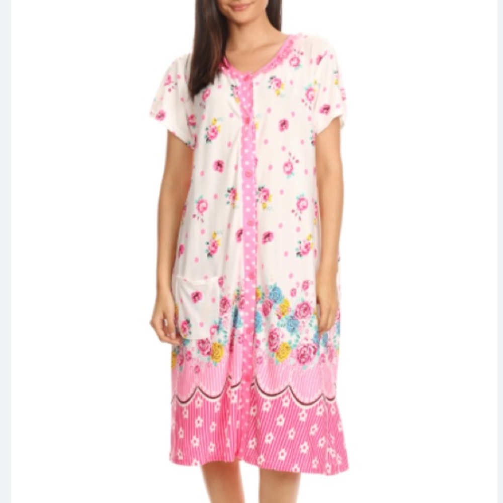 Vtg Betsy Sleep Gown Gradient White Pink Floral Ruffled Neck Buttons Pocket XL